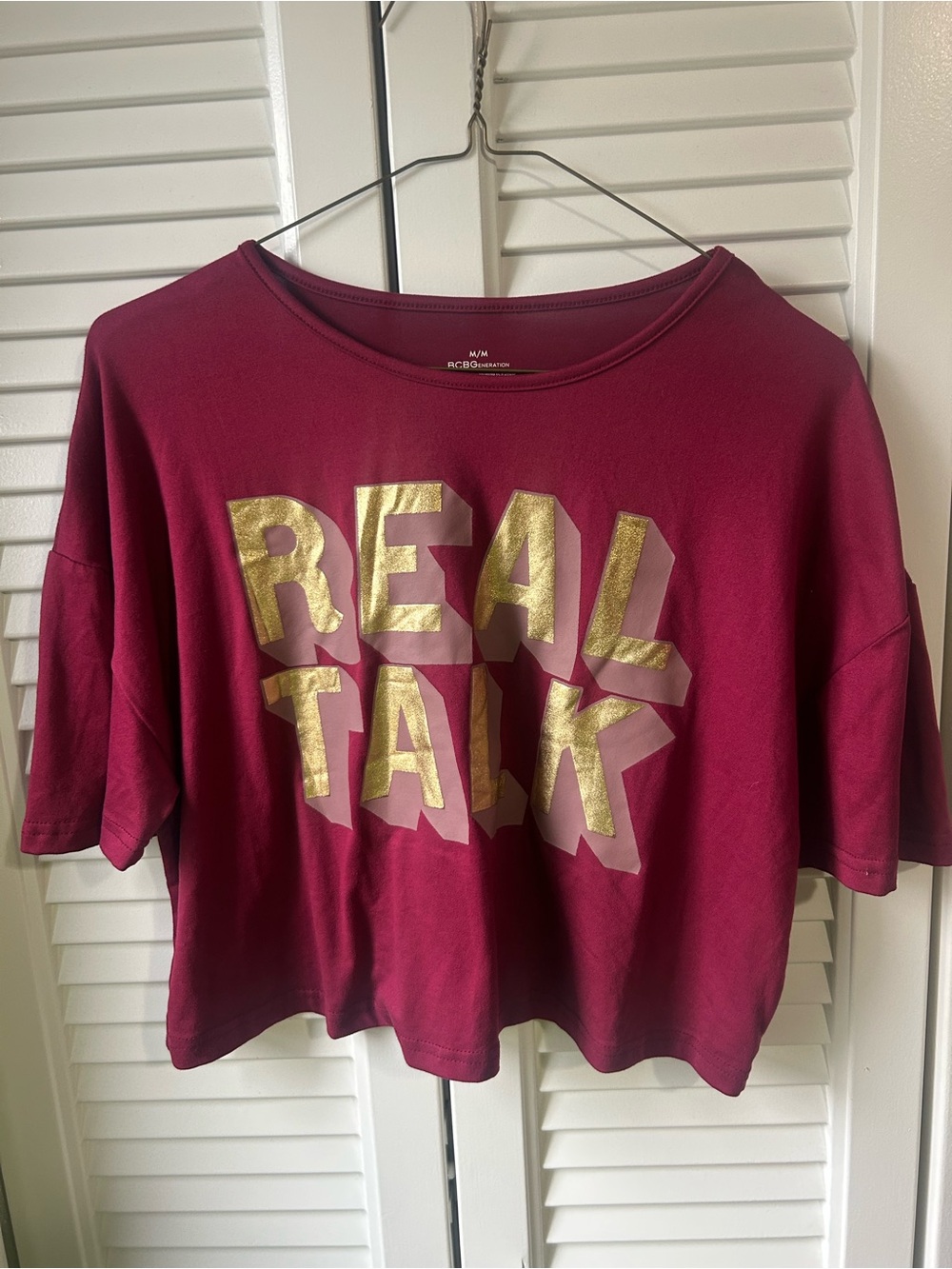BCBGeneration Burgundy Cropped Tee with Gold 'REAL TALK' Graphic